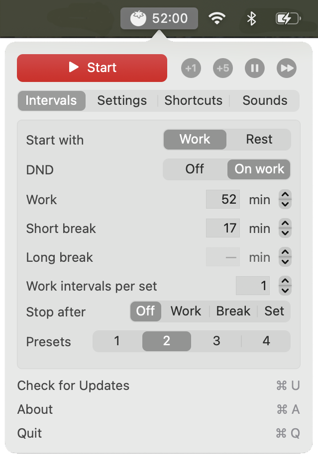 TomoBar menu bar interface showing timer and controls